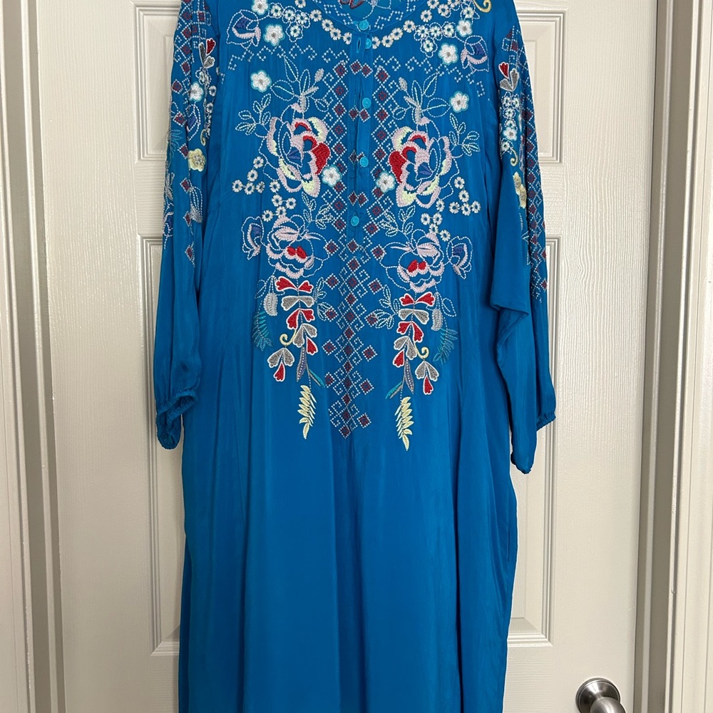 Johnny Was Turquoise Blue Embroidered Floral Tunic Dress - Picture 2 of 7